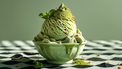 Indulgent light green matcha ice cream served on a picnic grid against a vibrant backdrop, highlighting its delicious texture and enticing sweetness