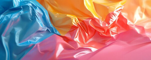 Poster - Vibrant and colorful textured background featuring crumpled plastic in shades of blue, orange, red, and pink.