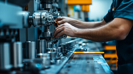 Engineer performing precision calibration checks on high-tech manufacturing equipment, focusing on detailed machinery and industrial technology in a professional factory environment
