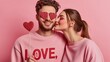 © Kenny - Romantic couple embraces valentine's theme with love hearts and pink attire