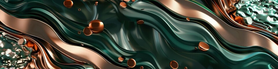 A captivating 3D abstract background with fluid geometric patterns and metallic textures in shades of forest green, copper, and gold.