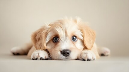 A close-up of a playful puppy lying on a light solid color background, showcasing its fluffy fur and bright eyes