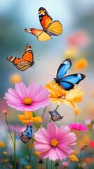 Canvas Print - Colorful Butterflies on Pink and Yellow Cosmos Flowers in a Summer Meadow.