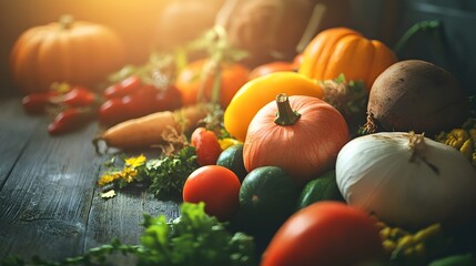 Wall Mural - Close-up of freshly harvested vegetables placed on a rustic wooden table, with a soft light illuminating the scene