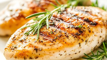 A close-up of a beautifully cooked chicken breast, garnished with fresh herbs, on a light solid color background