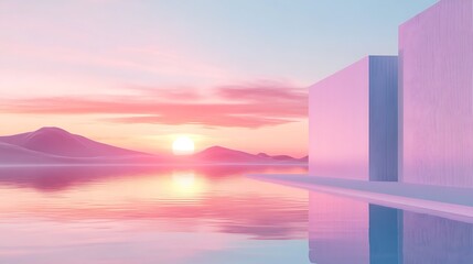 Sticker - Pink Sunset with Abstract Structures and Reflections