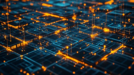 Fototapete - An intricate network of circuits forms a digital grid, with vibrant orange and blue lights illuminating the pathways, showcasing advanced technology and connectivity