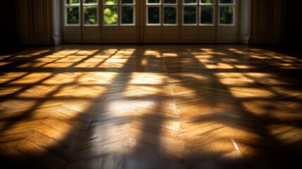 Poster - Warm sunlight filters through large windows, creating beautiful patterns of light and shadow on a richly textured hardwood floor, enhancing the tranquil atmosphere