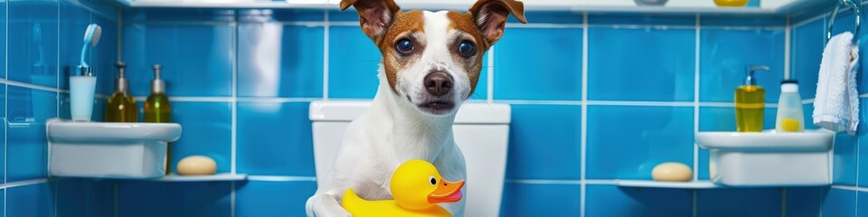 Wall Mural - A cheeky dog sitting on a toilet while holding a rubber ducky, creating a funny and playful bathroom scene.