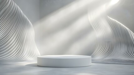 Wall Mural - White Minimalist Product Display Podium with Curved Lines and Sunlight