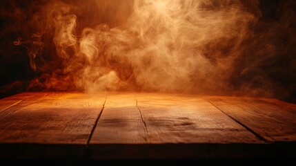 Poster - A warm, golden glow illuminates a rustic wooden table as swirling smoke creates an inviting and mysterious atmosphere, reminiscent of dusk's magical qualities