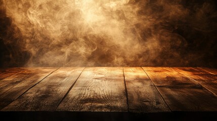 Poster - A wooden table is illuminated by soft light, while mist swirls around in a dimly lit environment, creating a mysterious and atmospheric ambiance perfect for stories or scenes