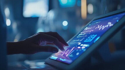 Poster - A hand is focused on navigating a tablet that showcases vibrant data analytics graphics in a dimly lit research facility during nighttime