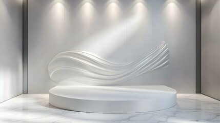 Wall Mural - Minimalist White Product Display Platform with Abstract Wall Sculpture.