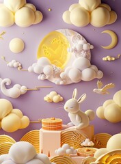 Wall Mural - A cartoon of two rabbits sitting on a moon