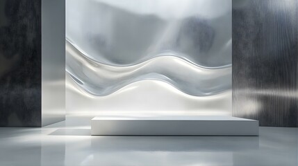 Wall Mural - Abstract White Platform with Wavy Silver Background.