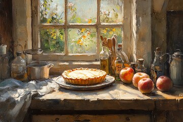 Wall Mural - close up of a delicious freshly baked apple pie on a light kitchen windowsill with golden crust and rich filling, painting art new beautiful stock image illustration AI