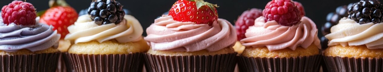 Wall Mural - Deliciously decorated cupcakes with fresh berries on display