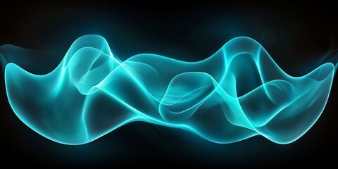 Fototapete - A captivating array of turquoise particles gracefully clusters into a luminous wave, radiating ethereal energy against a deep black background, creating a stunning visual experience.