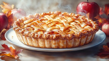 Wall Mural - close up of a delicious freshly baked apple pie on a light kitchen windowsill with golden crust and rich filling, painting art new beautiful stock image illustration AI