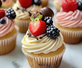 Wall Mural - Gourmet cupcakes topped with fresh berries and chocolate delights