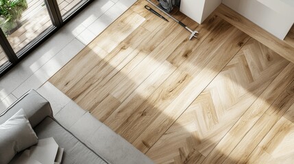 Poster - A spacious living area showcases light wooden planks arranged in a herringbone pattern, illuminated by sunlight streaming through large windows