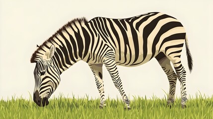 A close-up of a zebra grazing on a grassy plain with a light solid color background emphasizing its unique stripes