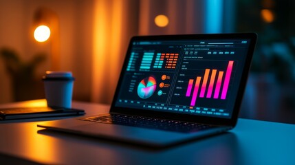 Poster - a sleek laptop showcases vibrant graphs and charts on its screen while a warm glow fills the contemp