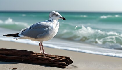 serene beach scene with seagulls soaring above a weathered log on the sand