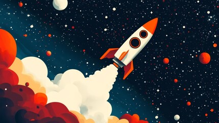 Wall Mural - A vibrant rocket soaring through space surrounded by stars and colorful galaxies