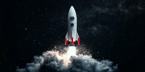 Wall Mural - A detailed white rocket with red accents launches into space, surrounded by stars and gray smoke