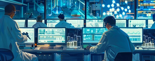 Poster - Scientists collaborate in a modern laboratory, analyzing data on screens and conducting experiments with advanced technology.