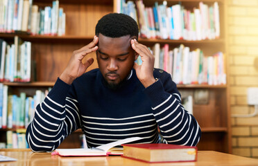 Poster - Stress, studying and black man with books in library for university, fatigue and overtime on research project. Pain, brain fog and tired college student with notes, schedule and deadline headache