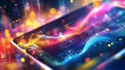 Fototapete - The composition showcases a tablet displaying vivid waves of color and intricate data patterns. The luminous design exudes energy, creating an engaging visual experience