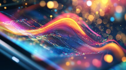 Poster - Bright, swirling lines and bokeh lights illuminate a smartphone screen, showcasing a captivating digital abstraction in a dark environment