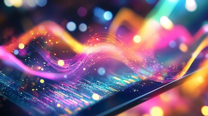 Poster - A vivid display of colorful sound waves undulating across a screen, surrounded by glowing bokeh lights that enhance the dynamic visual effect