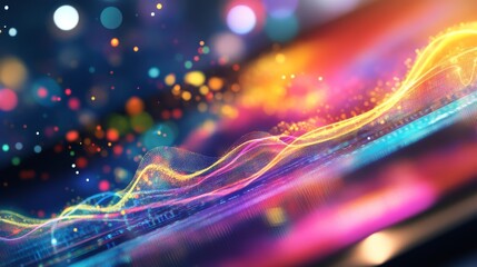 Poster - Vivid wave patterns create a mesmerizing visual against a backdrop of blurred lights, blending colors and shapes to evoke a sense of movement and energy