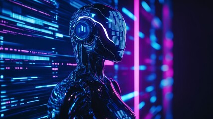 Poster - The robotic figure features a sleek design, set against vibrant neon lights that create a captivating digital atmosphere, highlighting advancements in artificial intelligence