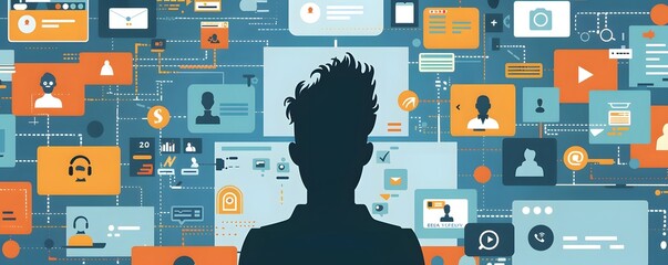 Poster - Silhouette of a person in front of multiple technology screens, symbolizing the digital world, social media, and information technology.