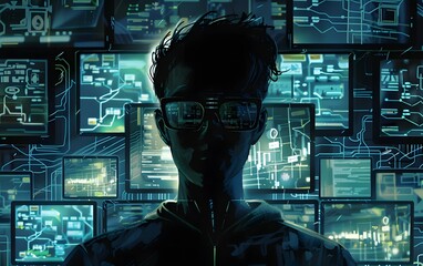 Poster - Silhouette of a tech professional wearing futuristic glasses, surrounded by multiple data screens, representing advanced technology and innovation.