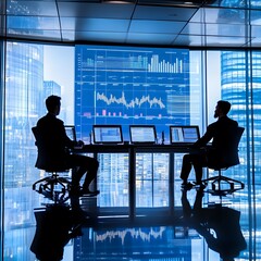 Poster - Silhouetted professionals in a modern glass office with cityscape view and financial graphs on screens, indicating business analysis and discussion.