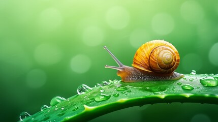 a snail on a freshly rain-washed Aloe Vera leaf, with droplets of water adding a fresh