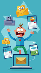 Fototapete - A man is juggling many emails and other things on a laptop