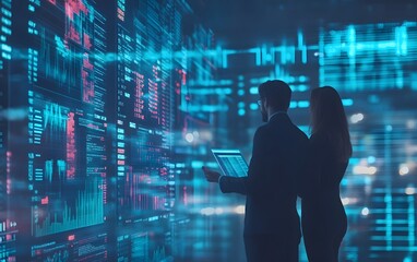 Poster - Two business professionals analyze data displayed on a large digital screen. The background is a wall of glowing numbers and charts.
