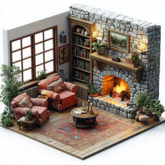 Sticker - Cozy living room with fireplace and two armchairs.