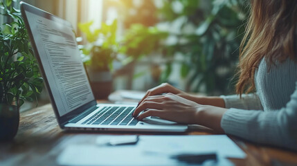 businesswoman's hands typing on a laptop keyboard. Focus is on her fingers as she works on a modern computer in a professional office environment, representing productivity and technology