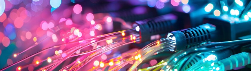 Poster - Vibrant network cables glowing with colorful lights, showcasing technology and connectivity in a modern digital landscape.