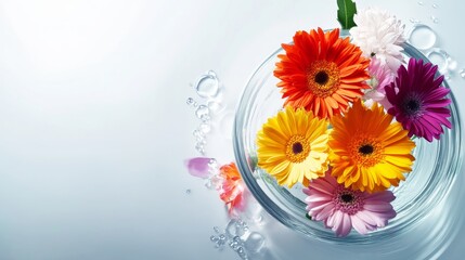 Poster - A variety of gerbera daisies in vivid colors float gracefully in a clear glass bowl filled with water, creating a serene and colorful display perfect for decoration