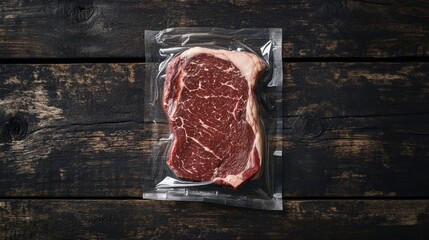 A raw ribeye steak, beautifully marbled, is vacuum sealed and resting on a rustic wooden surface, perfect for cooking or grilling enthusiasts to enjoy