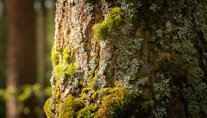 Tree Bark- A Detailed Shot of Textured Tree Bark with Lichens and Moss Growing on It